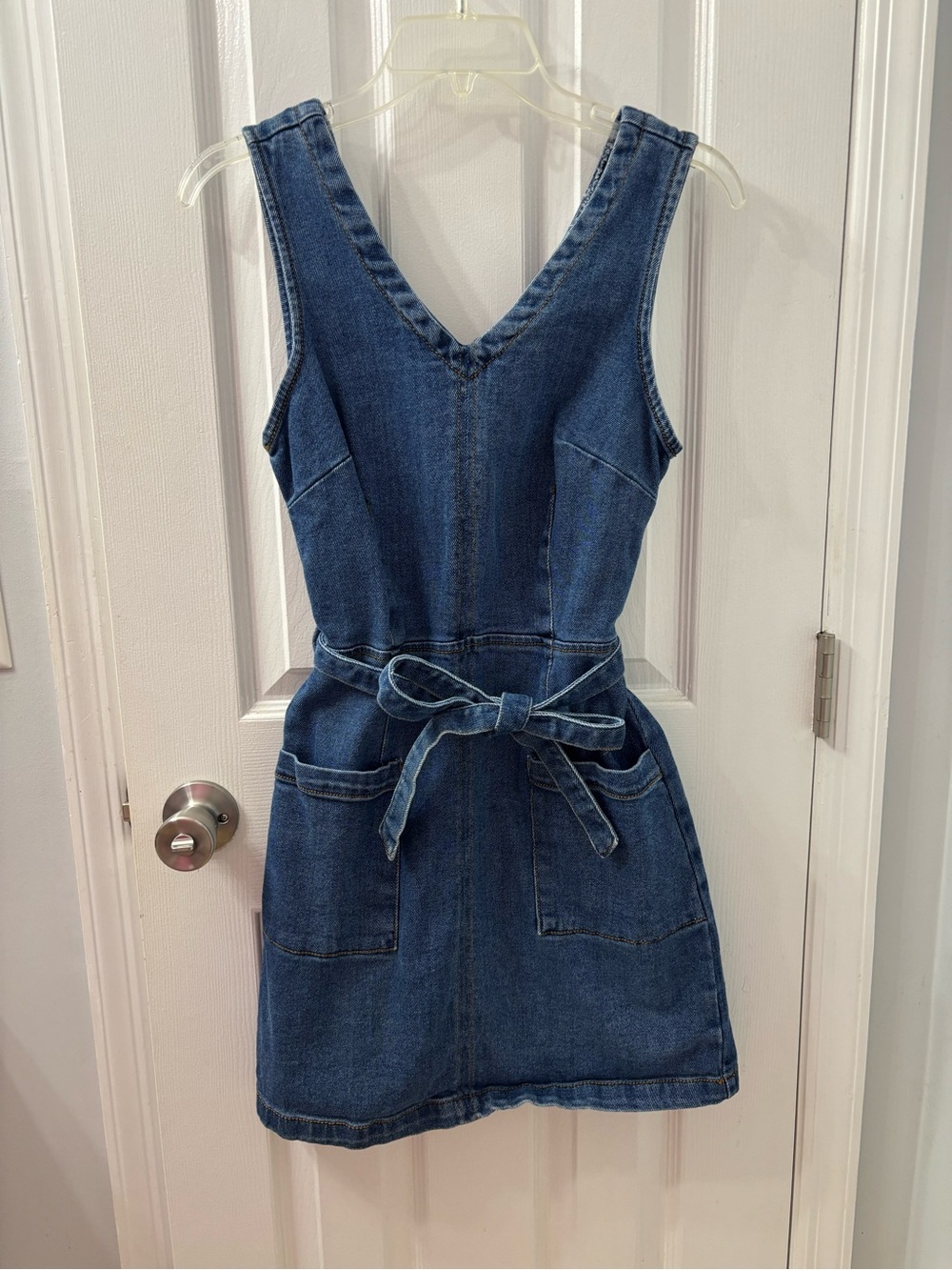 Universal Thread Dark Blue Denim Pinafore Dress with Tie Waist